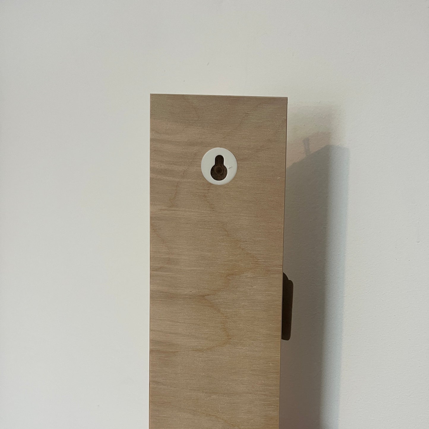 Hand holding a wooden block with a central hole against a plain background