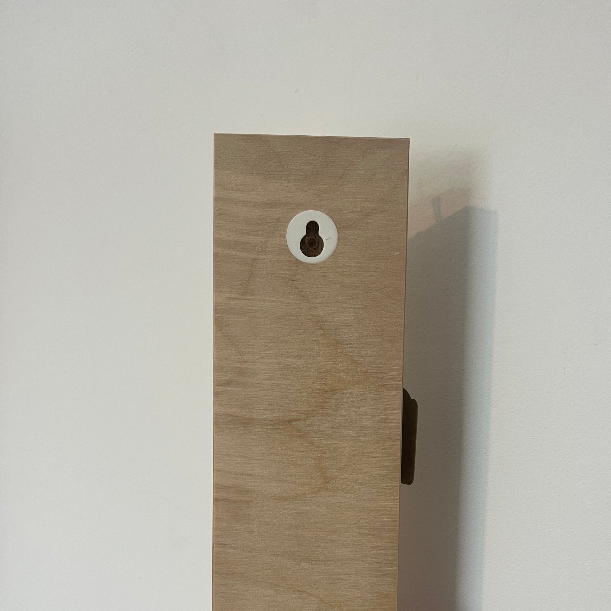 Hand holding a wooden block with a central hole against a plain background